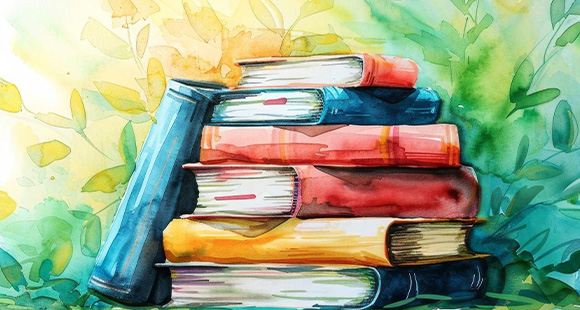 a watercolour painting of a stack of books surrounded with plants