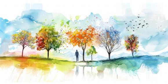 a watercolour painting of a person standing in a orchard of trees