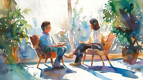 a watercolour painting of two people sitting together in a counselling session