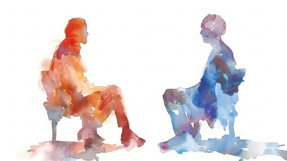 two watercolour people sitting together on a white background talking