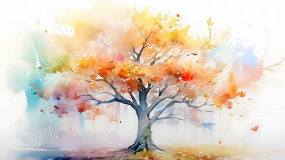 a watercolour painting of a tree in autumn