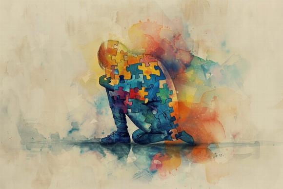 a watercolour painting of a person crouched to the floor with jigsaw pieces making up his body