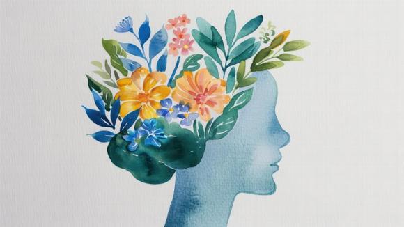 a watercolour painting of a head with flowers and plants growing out of it