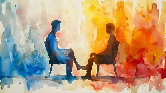 a water colour painting of two people talking in a counselling session